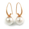 Modern Faux Pearl Ball Bead Drop Earrings In Gold Tone - 35mm Long