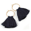 Trendy Dark Blue Cotton Tassel Gold Tone Hoop Earrings - 65mm Long