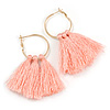 Trendy Peach Pink Cotton Tassel Gold Tone Hoop Earrings - 65mm Long