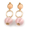 Pastel Pink Silk Cord Ball Drop Earrings In Gold Tone Metal - 60mm Long