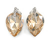 Champagne Faceted Glass Stone Leaf Clip On Earrings In Silver Tone - 23mm Tall