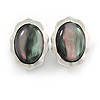 Oval Peacock Glass Stone Clip On Earrings In Silver Plated Metal - 25mm L