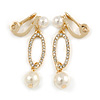 Stunning Clear Crystal Cream Faux Pearl Oval Drop Clip On Earrings In Gold Plating - 40mm Long