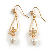 Delicated Clear Cz Floral with Faux Pearl Drop Earrings In Gold Tone - 45mm L