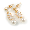 Delicate White Faux Pearl Clear Cz Drop Earrings In Gold Tone - 28mm Long
