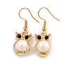 Gold Tone Faux Pearl Owl Drop Earrings - 37mm Tall