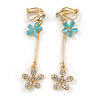 Long Gold Tone Floral Crystal Drop Clip On Earrings - 60mm Tall