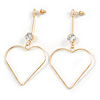 Long Open Heart Crystal Drop Earrings In Gold Tone Metal - 75mm Tall