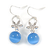 Romantic Clear Crystal Flower with Blue Glass Ball Bead Drop Earrings In Silver Tone - 45mm Long