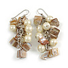 Cream Glass Bead, Antique White Shell Nugget Cluster Dangle/ Drop Earrings In Silver Tone - 60mm Long