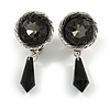 Vintage Inspired Textured Dim Grey Crystal with Black Dangle Clip On Earrings In Aged Silver Tone Metal - 45mm L