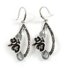 Vintage Inspired Open Oval Crystal Floral Drop Earrings In Silver Tone - 55mm Long