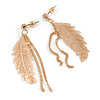 Gold Tone Feather and Chains Drop Earrings - 7cm Tall
