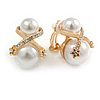 Statement Double Faux Pearl Crystal Clip On Earrings In Gold Tone - 25mm Tall