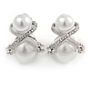 Statement Double Faux Pearl Crystal Clip On Earrings In Silver Tone - 25mm Tall