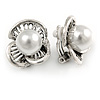 Vintage Inspired 3 Petal Floral Faux Pearl Clip On Earrings In Aged Silver Tone - 20mm
