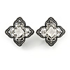Marcasite Crystal Floral Clip On Earrings In Aged Silver Tone - 18mm