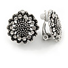 Vintage Inspired Crystal Sunflower Floral Clip On Earrings In Aged Silver Tone - 18mm