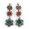 Teal/ Red/ Citrine Crystal Floral Drop Earrings In Aged Silver Tone Metal - 45mm Tall