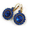 Vintage Inspired Round Cut Sapphire Blue Glass Stone Drop Earrings With Leverback Closure In Antique Gold Metal - 40mm L