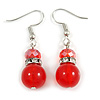 Red Glass Crystal Drop Earrings In Silver Tone - 40mm L