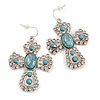 Vintage Inspired Large Crystal Turquoise Stone Cross Earrings In Silver Tone - 55mm L