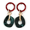 Trendy Long Geometric Acrylic Drop Earrings In Ox Blood/ Dark Green/ Gold with Marble Effect - 11cm L