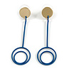 Statement Geometric Drop Earrings with Blue Rubber Element In Gold Tone - 60mm L