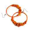 Large Orange Glass, Shell, Wood Bead Hoop Earrings In Silver Tone - 75mm Long