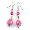 Pink Glass Bead with Wire Drop Earrings In Silver Tone - 6cm Long