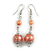 Peach Orange Glass Bead with Wire Drop Earrings In Silver Tone - 6cm Long