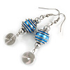 Blue Glass Bead with Wire Element Drop Earrings In Silver Tone - 6cm Long