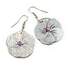 Mother of Pearl Floral Drop Earrings In Silver Tone - 50mm Long