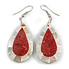Teardrop Shell with Red Stone Inlay Earrings - 55mm Long
