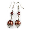Chocolate Brown Glass Bead with Wire Drop Earrings In Silver Tone - 6cm Long
