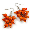 Orange Wooden Bead Cluster Drop Earrings in Silver Tone - 55mm Long