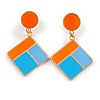 Blue/ Orange Enamel Geometric Clip-On Earrings In Gold Tone - 50mm Long
