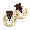 Statement Hammered Round Geometric Drop Earrings In Gold/ Dark Brown Tone - 35mm Long