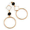 Black/ White Enamel Assymetric Circle Drop Earrings In Gold Tone Metal - 60mm L
