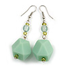 Long Pastel Green/ Mint Green Faceted Acrylic/ Lime Green Glass Bead Drop Earrings with Silver Tone Closure - 60mm Long