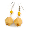 Long Pale Yellow Faceted Resin/ Lemon Yellow Glass Bead Drop Earrings with Silver Tone Closure - 60mm Long