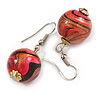 Deep Pink/ Black/ Golden Colour Fusion Wood Bead Drop Earrings with Silver Tone Closure - 40mm Long