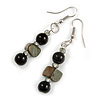 Black Glass and Shell Bead Drop Earrings with Silver Tone Closure - 6cm Long