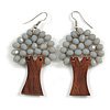 Grey Glass Bead Brown Wood Tree Drop Earrings - 70mm Long