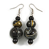 Black/ Gold/ White Colour Fusion Wood Bead Drop Earrings with Silver Tone Closure - 55mm Long