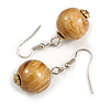 Natural/ Brown/ Golden Colour Fusion Wood Bead Drop Earrings with Silver Tone Closure - 40mm Long