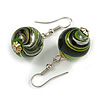 Green/ Black/ Golden Colour Fusion Wood Bead Drop Earrings with Silver Tone Closure - 40mm Long