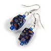 Blue Floral Faceted Resin/ Glass Bead Drop Earrings with Silver Tone Closure - 40mm Long