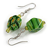 Green Floral Faceted Resin/ Glass Bead Drop Earrings with Silver Tone Closure - 40mm Long