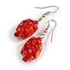 Red Floral Faceted Resin/ Glass Bead Drop Earrings with Silver Tone Closure - 40mm Long